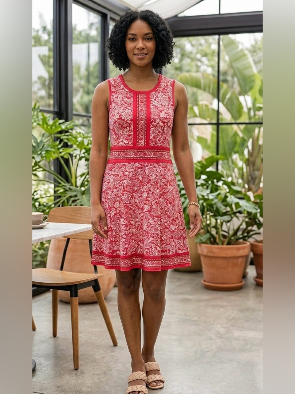 Michael Kors Red White Floral Border Print Sleeveless Dress Size M/L
